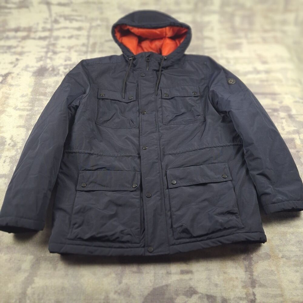 Calvin Klein Hooded Field Parka Jacket Mens L Navy Blue Orange Lining Utility...